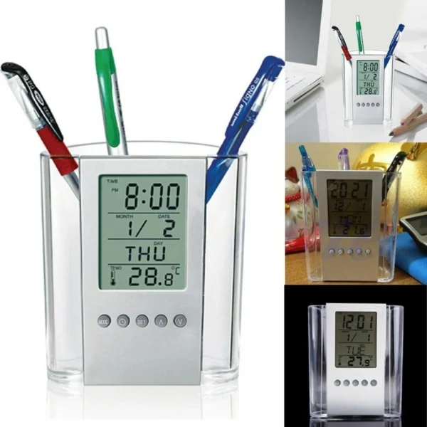 LCD Digital Alarm Clock & Pen Holder Organizer Thermometer Calendar